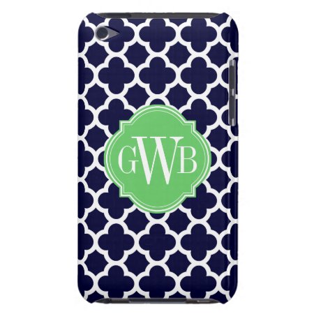 Quatrefoil Navy Blue And White Pattern Monogram Barely There Ipod Case