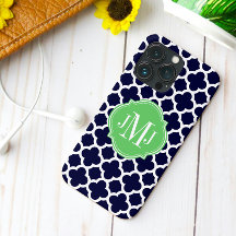 Quatrefoil Navy Blue and White Pattern Monogram