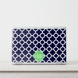 Quatrefoil Navy Blue and White with Name Banner HP Laptop Skin
