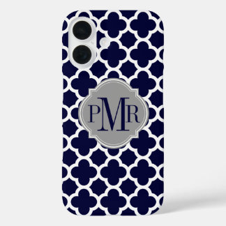 Quatrefoil Navy Blue White Pattern Gray Monogram iPhone 16 Case