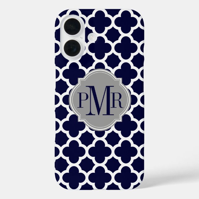 Quatrefoil Navy Blue White Pattern Gray Monogram Case-Mate iPhone Case (Back)