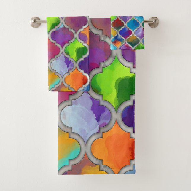 Quatrefoil pattern - Colorful watercolor Bath Towel Set (Insitu)