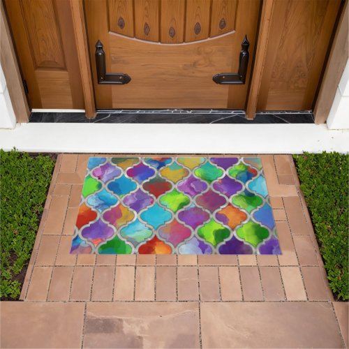 Quatrefoil pattern _ Colorful watercolor Doormat