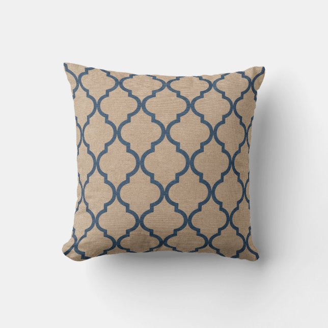 Quatrefoil Pattern Denim Blue and Tan Throw Pillow (Front)