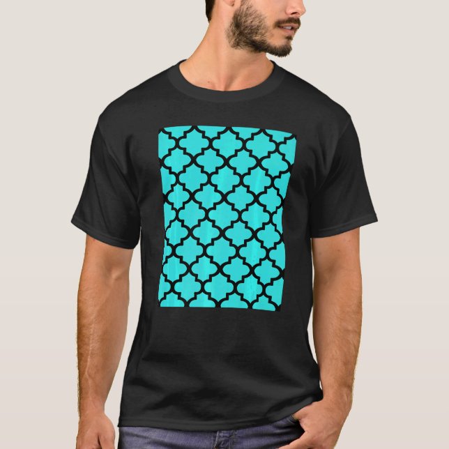 Quatrefoil Pattern In Black Outline On Aqua Blue T-Shirt (Front)