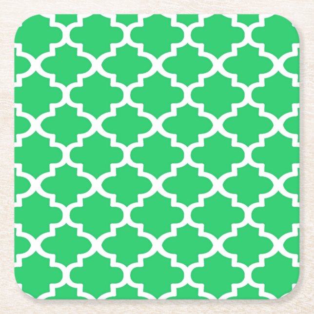 Quatrefoil Pattern In Zen Green Square Paper Coaster (Front)