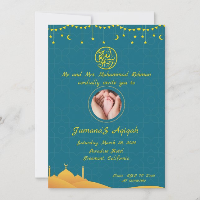 Quatrefoil Pattern Islamic Aqiqah Invitation (Front)