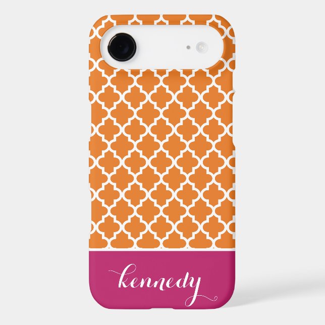 Quatrefoil Pattern Monogram Name | Orange Pink Case-Mate iPhone Case (Back)