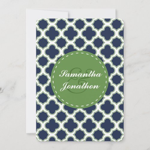 Quatrefoil Pattern Navy Blue &amp; Green Wedding Cards