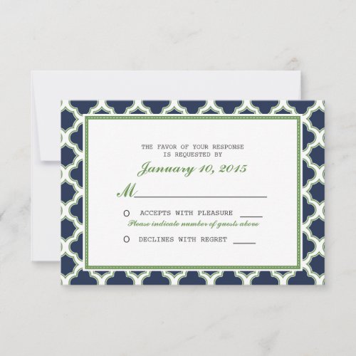 Quatrefoil Pattern Navy Blue &amp; Green Wedding RSVP