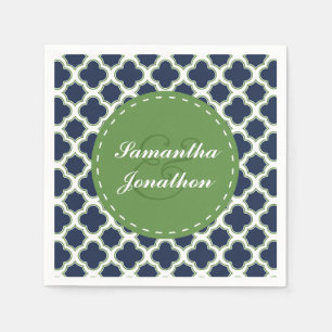 Quatrefoil Pattern Navy & Green Custom Wedding Paper Napkins