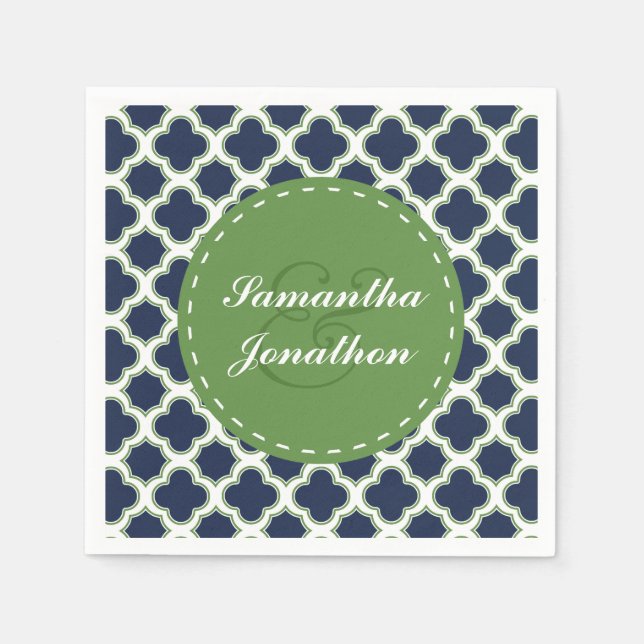 Quatrefoil Pattern Navy & Green Custom Wedding Paper Napkins (Front)
