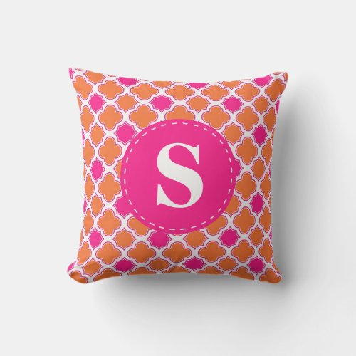 Quatrefoil Pattern Orange  Hot Pink with Monogram Throw Pillow