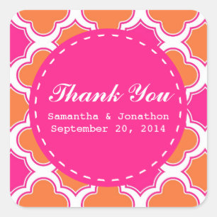 Quatrefoil Pattern Pink and Orange Thank You Square Sticker