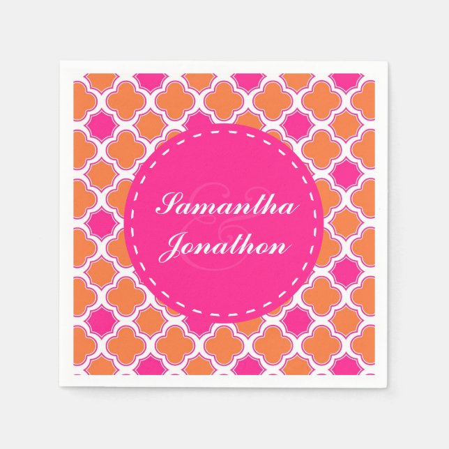 Quatrefoil Pattern Pink and Orange Wedding Napkins (Front)