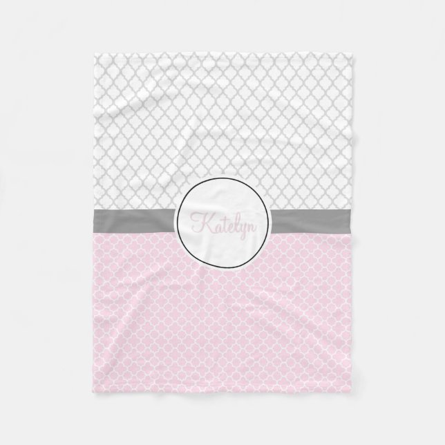 Quatrefoil Pattern Pink Gray | Custom Monogrammed Fleece Blanket (Front)