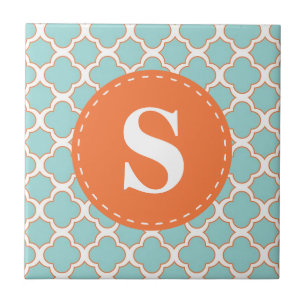 Quatrefoil Pattern Turquoise Orange with Monogram Ceramic Tile