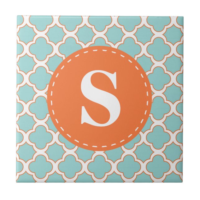 Quatrefoil Pattern Turquoise Orange with Monogram Ceramic Tile (Front)