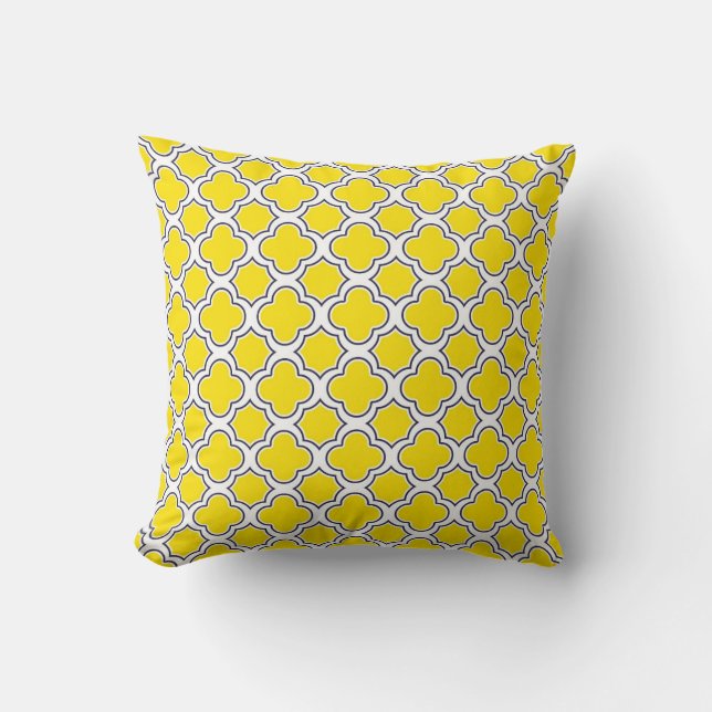 Quatrefoil Pattern Yellow and Navy Blue Throw Pillow (Front)