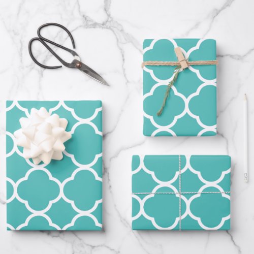 Quatrefoil Patterns Teal White Lattice Christmas Wrapping Paper Sheets