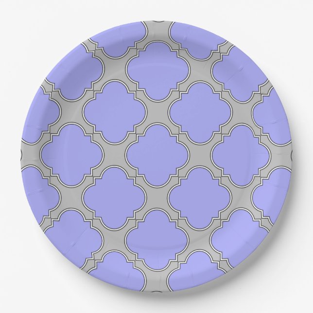 Quatrefoil periwinkle and gray paper plates (Front)