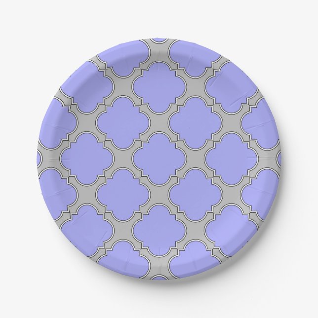 Quatrefoil periwinkle and gray paper plates (Front)