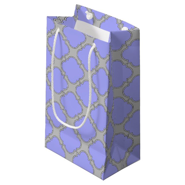 Quatrefoil periwinkle and gray small gift bag (Front Angled)