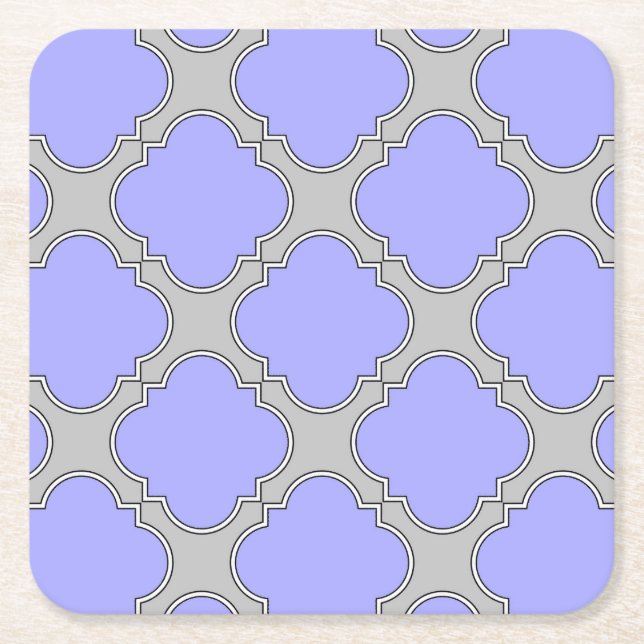 Quatrefoil periwinkle and gray square paper coaster (Front)