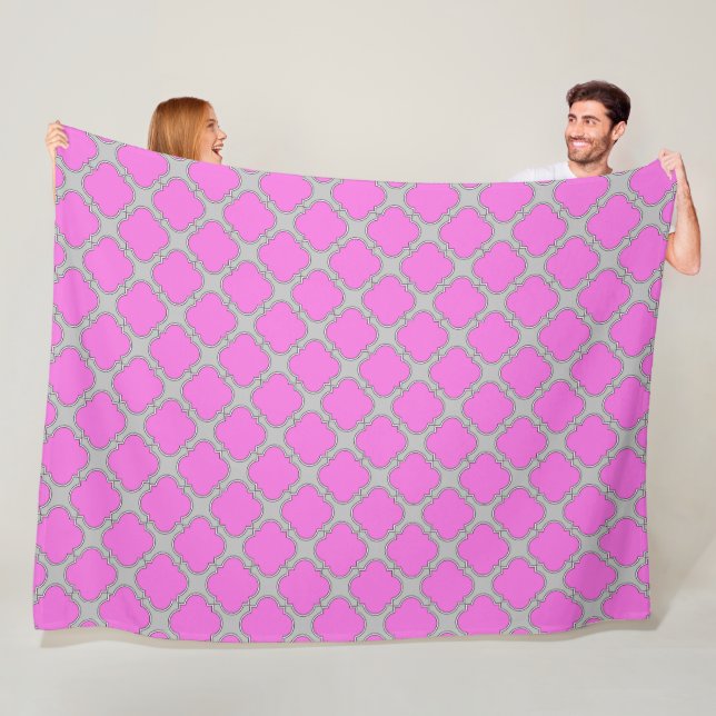 Quatrefoil pink and gray fleece blanket (In Situ)