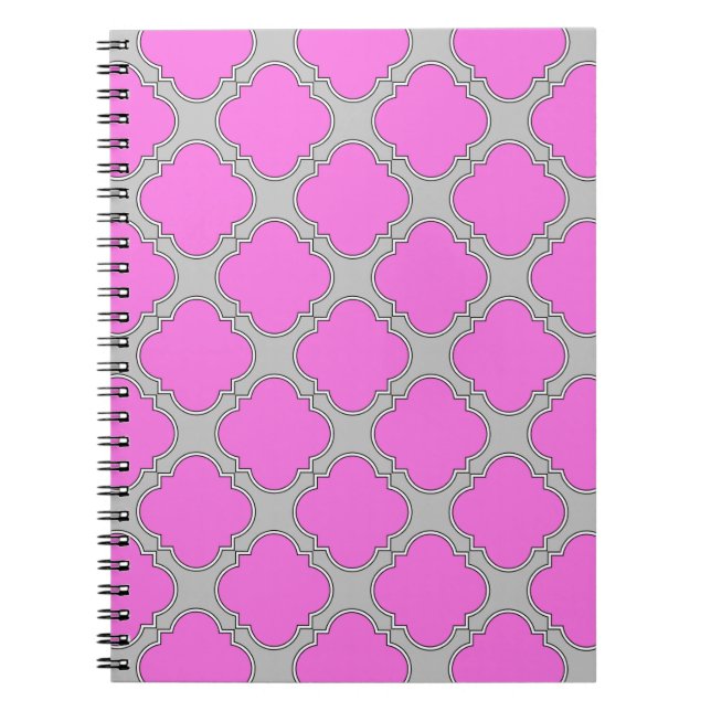 Quatrefoil pink and gray notebook (Front)