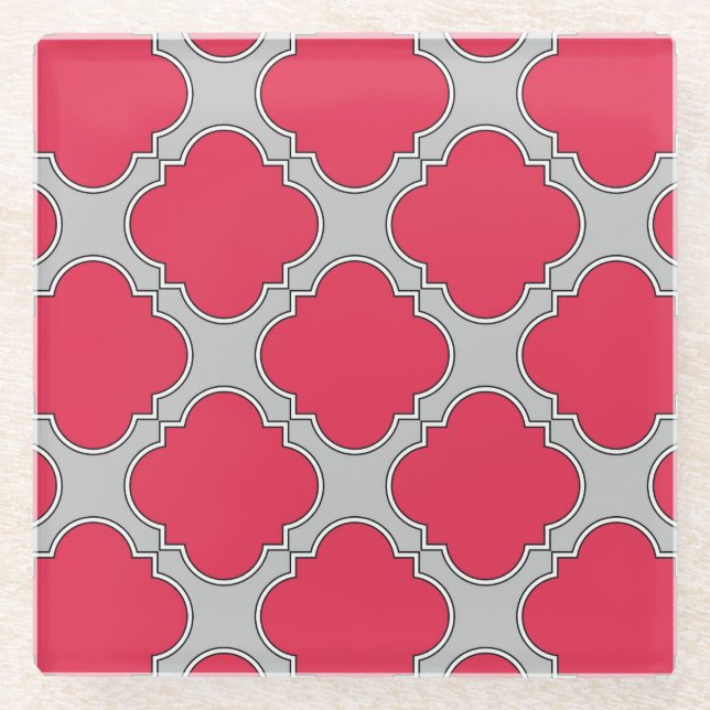 Quatrefoil red and gray glass coaster (Front)