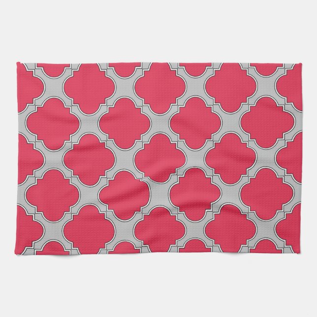 Quatrefoil red and gray kitchen towel (Horizontal)