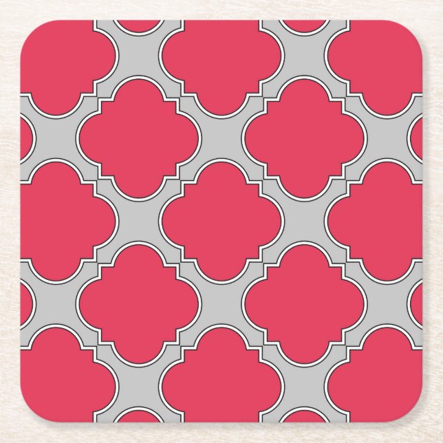 Quatrefoil red and gray square paper coaster (Front)
