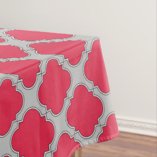 Quatrefoil red and gray tablecloth