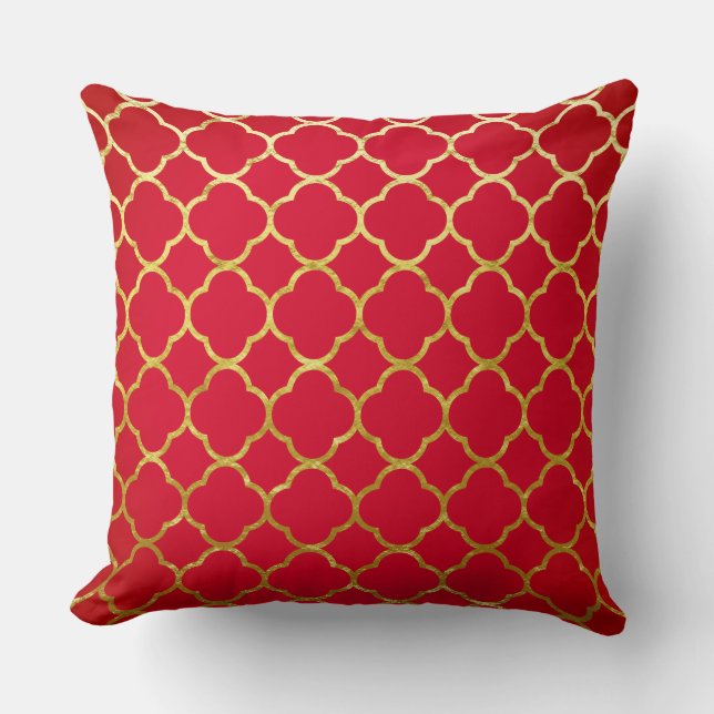 Quatrefoil Red Gold Foil Lattice Patterns Sparkly Throw Pillow (Front)