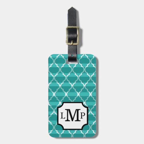 Quatrefoil Shadow Stripes Monogram  teal Luggage Tag