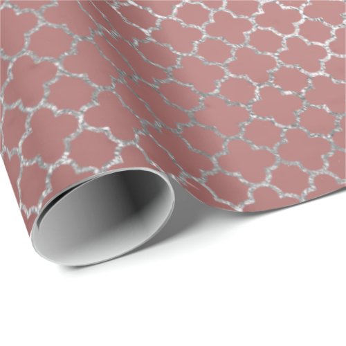 Quatrefoil Silver Glam Pink Rose Gold Shiny Wrapping Paper