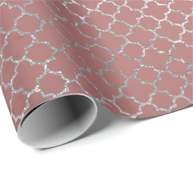 Quatrefoil Silver Glam Pink Rose Gold Shiny Wrapping Paper (Roll Corner)