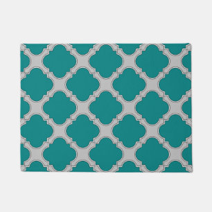 Quatrefoil teal and gray doormat