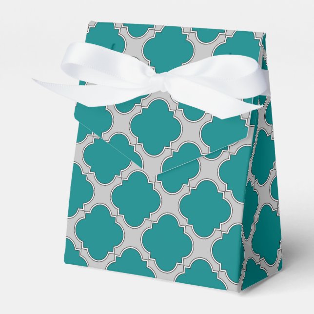 Quatrefoil teal and gray favor boxes (Front Side)