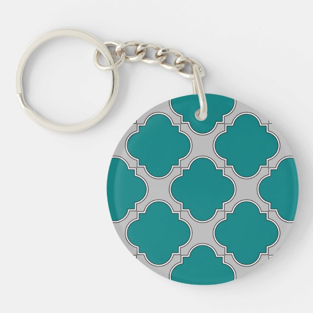 Quatrefoil teal and gray keychain (Front)