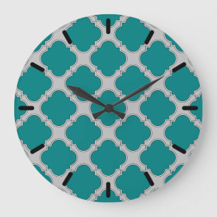 Quatrefoil teal and gray large clock