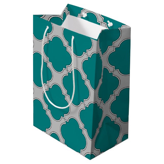 Quatrefoil teal and gray medium gift bag (Back Angled)