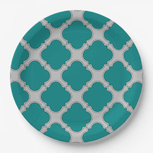Quatrefoil teal and gray paper plates