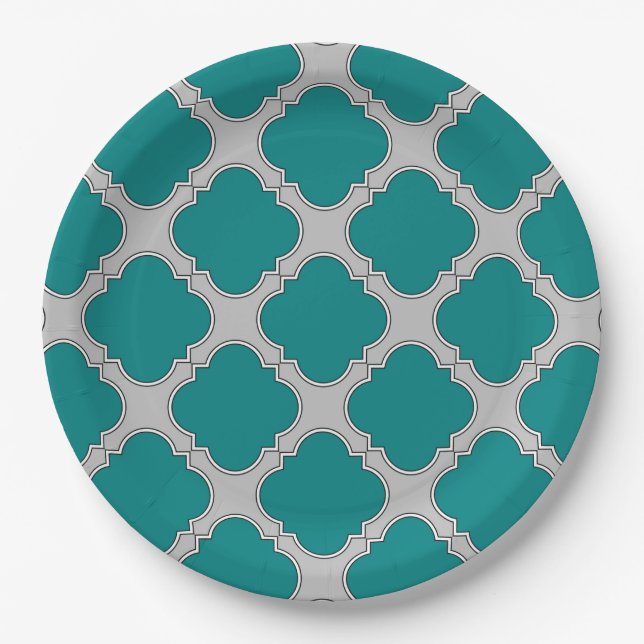 Quatrefoil teal and gray paper plates (Front)