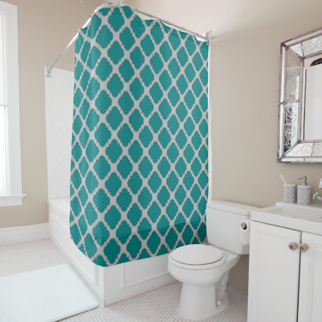 Quatrefoil teal and gray shower curtain (In Situ)