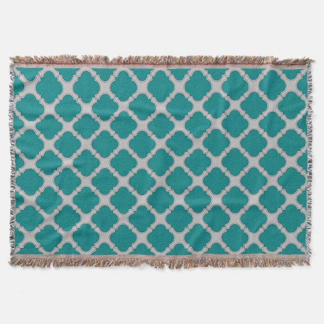Quatrefoil teal and gray throw blanket (Front)