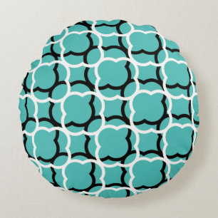 Quatrefoil Teal Blue Black White Lattice Patterns Round Pillow