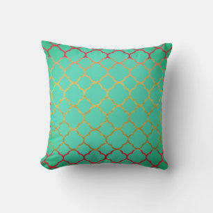 Quatrefoil Teal Blue Gold Seafoam Green Red Outdoor Pillow