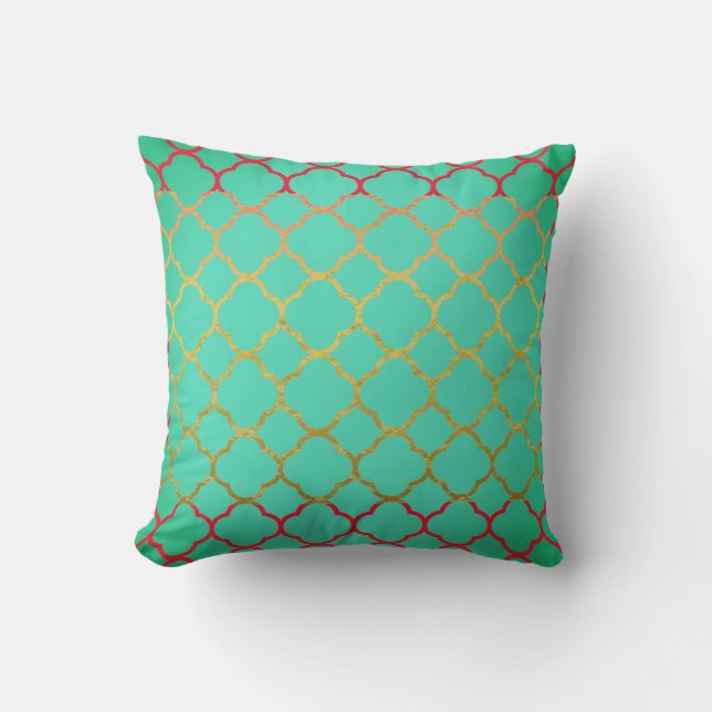 Quatrefoil Teal Blue Gold Seafoam Green Red Outdoor Pillow (Front)